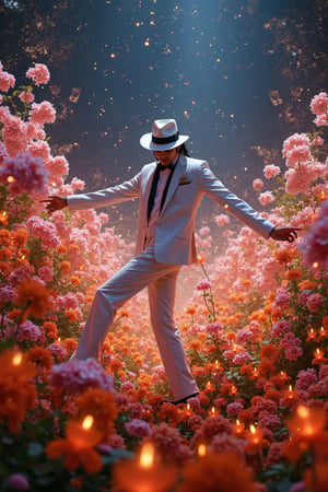 Michael Jackson, dressed in a crisp white suit, complete with his iconic fedora, is mid-dance in a vibrant, otherworldly landscape. Surrounding him are countless exotic, glowing flowers of every imaginable color, their petals stretching toward the sky. The air is filled with sparkling pollen and soft, ethereal light, giving the scene a dreamlike quality. Michael strikes a classic dance pose, one leg bent, arms outstretched, as his white suit contrasts with the colorful, fantastical flora. The scene feels magical and surreal, blending his iconic style with the beauty of a mystical, blooming world.,MJBAD87,plain87,subway87,white outfit,MJ2007