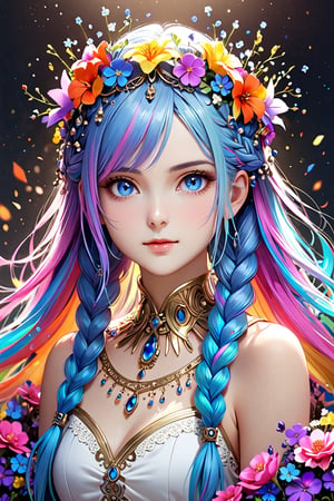 Ultra realistic,1 girl,beautiful blue eyes,superbly crafted braided hairstyles,amazingly intricate braid hair,7 colorful hair colors,Beautiful colorful pigtails braided with flowers,long pigtails, ,
each meticulously created braid decorated with delicate accessories and beads,aesthetic,Rainbow haired girl ,Realistic Blue Eyes,Flower queen,dal-1,colorful,DonMD1g174l4sc3nc10nXL 