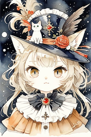 sepia color,Sleek and nostalgic sight, 
myths of another world,noldic atmosphere,
Adorable Cat Sith fairy, dressed as Early Modern European musketeer, feline features with mystical aura, large expressive eyes, whiskers, pointed ears, wearing plumed cavalier hat,
watercolor \(medium\),dal-1,Xxmix_Catecat