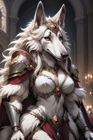 Extreme detailed,
very long White hair beautiful borzoi aristocratic woman,(very long nose:1.7),((Fur skin)),(long eyelashes),wears many ornaments,elegance and beautiful  borzoi Dog,
Wearing luxury Maximilian Armor,large Breast,
l ,aw0k euphoric styleMagical Fantasy style,Qftan,knight,anthro,dal