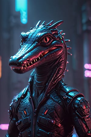 Visualize a cyberpunk-style alligator, with its mouth sealed shut by a zipper. Its metallic jaws are adorned with intricate circuitry and glowing neon accents, giving it a futuristic and menacing appearance. The zipper, made of sleek,future.,alien,nocturne,circuitboard,Animal Verse Ultrarealistic ,bokeh