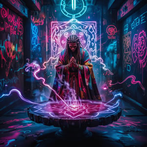 Cyberpunk voodoo ritual scene, neon-lit underground temple. Cybervoodoo priest wears an extremely colorful patchwork robe with fabric embedded with iridescent LEDs. Dreadlocks entwined with fiber optic cables. Praying at a floating altar made of red and blue holographic light projections. The altar features a constantly changing mystical mandala pattern with animated skull motifs. Holographic veve symbols swirl around the priest. Incense smoke mixes with data particle effects. Walls covered in graffiti-style digital hieroglyphics. Dramatic lighting with ultra-detailed textures, 8K resolution and strong color contrasts. Cinematic composition highlighting the fusion of mysticism and technology.,3dartCA