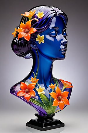 "A translucent glass bust of a woman, exquisitely crafted with smooth, flawless surfaces. The sculpture captures delicate facial features, a graceful neck, and the curve of shoulders. Inside the hollow form, a mesmerizing array of mystical flowers blooms, filling the entire interior. These ethereal blossoms radiate in seven distinct colors - vibrant red, warm orange, sunny yellow, lush green, deep blue, rich indigo, and royal purple. The flowers seem to float and gently swirl within the confines of the glass, their petals and stems creating intricate patterns. Soft, multicolored light emanates from within, causing the glass to glow and creating a prism-like effect on nearby surfaces. The contrast between the clear, solid glass and the vibrant, seemingly alive interior creates a captivating juxtaposition.,hyperrealistic