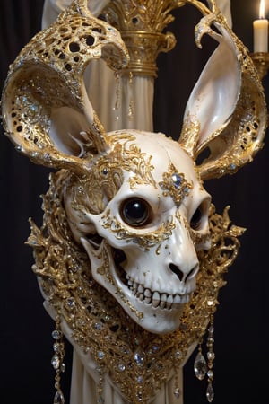  featuring a surreal and opulent display of a rabbit skull adorned with countless gold and diamond embellishments. Envision intricate patterns of gold filigree intertwined with sparkling diamonds, covering every curve and crevice of the skull. The eye sockets are filled with shimmering gemstones, casting a mesmerizing glow from within. Surrounding the adorned skull, visualize an aura of mystique and extravagance, with cascading silk drapes and flickering candlelight adding to the surreal ambiance. This juxtaposition of the delicate and the macabre creates a captivating and visually striking portrayal of luxury and extravagance.",glitt3r,art_booster