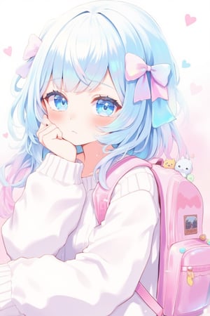 cute anime-style girl with long, wavy hair in pastel blue and pink tones. She has large, expressive eyes in a soft blue color and is wearing a cozy white sweater. She has two large bows in her hair, matching the pastel colors of her hair. She holds her hand to her lips in a shy, thoughtful pose. On her back is a pastel pink backpack, with a small stuffed animal and colorful accessories attached to it. The overall color palette is soft and dreamy, with bright pastel tones and gentle lighting.,lyh