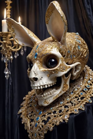  featuring a surreal and opulent display of a rabbit skull adorned with countless gold and diamond embellishments. Envision intricate patterns of gold filigree intertwined with sparkling diamonds, covering every curve and crevice of the skull. The eye sockets are filled with shimmering gemstones, casting a mesmerizing glow from within. Surrounding the adorned skull, visualize an aura of mystique and extravagance, with cascading silk drapes and flickering candlelight adding to the surreal ambiance. This juxtaposition of the delicate and the macabre creates a captivating and visually striking portrayal of luxury and extravagance.",glitt3r,art_booster