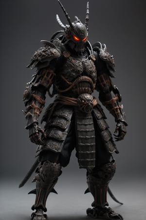 The samurai is dressed in armor based on a giant spider and is armed with smooth, angular plates that are black and made to resemble an insect's exoskeleton. The helmet has a spider design and the mask has an intricate design that mimics the spider's eight legs,,warrior,ROBOT,action figure