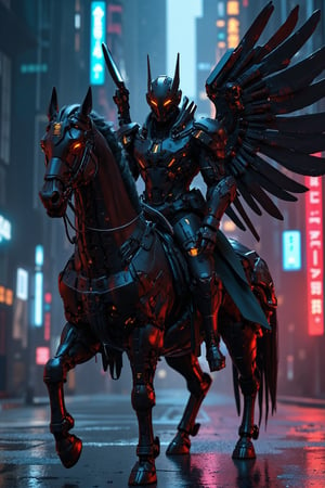 Cyberpunk-style knight on a cyborg horse, digital art. Sleek black cyber-suit with glowing neon blue accents. Imposing black helmet with tinted visor, displaying holographic HUD. Mechanical wings on the back, folded, made of black carbon fiber with exposed circuitry. The cyborg horse is a fusion of organic and mechanical parts, with visible hydraulics and armor plating. Neon lights trace the horse's muscular structure. The knight wields an energy lance, crackling with electricity. Urban night backdrop with towering skyscrapers and flying vehicles. Rain-slicked streets reflect neon signs. Atmosphere is gritty and high-tech. Hyperdetailed textures on the armor and horse's cybernetic parts. Color palette dominated by blacks, silvers, and electric blues. Dynamic pose, suggesting movement and power. Lighting emphasizes the contrast between shadow and neon glow.,Angelic Knight,F-GVA Armour Suit