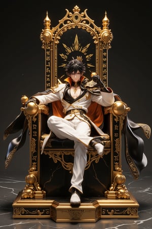 3D, Figure, Highly detailed anime figure, A young male character sits on a giant throne with glittering golden runes. Elegant white and black outfit with golden trim fits snugly to his body. Flowing cape, orange on the inside, dark messy hair, sharp features wearing a small crown. Attractive golden accessories, character lounging casually, holding a golden apple in one hand, figure on a square gold and black pedestal. Ultra-realistic texture, glossy finish. Crisp contrast of black, white and gold elements. Dramatic lighting enhances the 3D effect. Marble-like background. Professional product photography style, slightly angled view. Ultra-high resolution, cinematic color grading highlighting the gold and black colors. The scale figure is approximately 1/7 and highlights the exquisite craftsmanship.,lyh