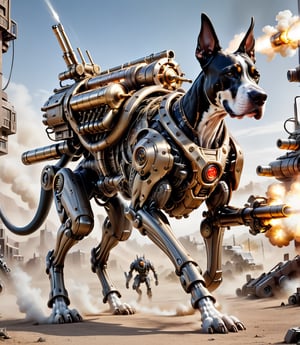 Extreme detailed, ultra Realistic, futuristic, A Greatdane with a high-tech Gatling gun on its back,large MISSILE pod,1Dog, large Gatling gun, fire, high-tech cybernetics Dog, four legs, ULTRA Real, Realistic dog, military, monster, ,mecha,steampunk style