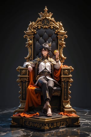 3D, Figure, Highly detailed anime figure, A young male character sits on a giant throne with glittering golden runes. Elegant white and black outfit with golden trim fits snugly to his body. Flowing cape, orange on the inside, dark messy hair, sharp features wearing a small crown. Attractive golden accessories, character lounging casually, holding a golden apple in one hand, figure on a square gold and black pedestal. Ultra-realistic texture, glossy finish. Crisp contrast of black, white and gold elements. Dramatic lighting enhances the 3D effect. Marble-like background. Professional product photography style, slightly angled view. Ultra-high resolution, cinematic color grading highlighting the gold and black colors. The scale figure is approximately 1/7 and highlights the exquisite craftsmanship.