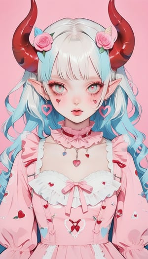 1girl, albino demon girl, (long devil horns) ,heavy makeup, earrings,candycore outfits,pastel aesthetic,Maximalism Pink Lolita Fashion,
Clothes with teddy bear prints inspired by Decora, cute pastel colors, Pastel Blue,
,beautiful red eyes , heart,,emo,kawaiitech,dollskill