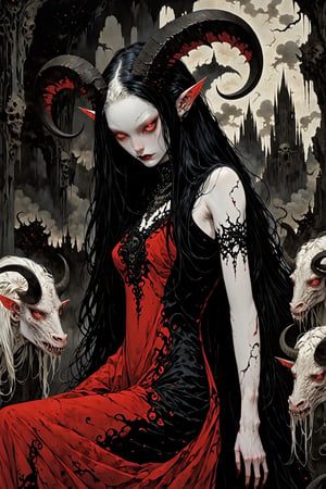  inspired horror illustration, albino demon princess,(long intricate horns:1.2), the woman's pale face contrasting sharply with her long jet-black hair, that hangs over her shoulders. She wears a form-fitting red and black dress,
A macabre mass of blood and flesh falls at the woman's feet,
Her eyes wide with a mixture of fear and determination, she has a bewitching presence as she moves through the surreal landscape with an eerie calm.
,bj_Devil_angel,Anime style,sinozick style