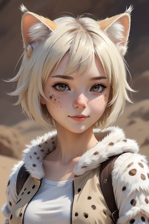 A cute girl,18yo, personifying a Sand cat,   
Platinum blonde short bob cut hair,
She has soft fluffy fur with brown and gray spots,freckles,
 resembling the cat coat, Her ears are pointed and adorned with matching fur tufts, giving her a playful and endearing appearance. With bright, curious eyes and a gentle demeanor,,catgirl