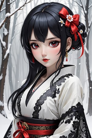 1Girl,The Japanese Gothic fantasy-style, Snow White, combines elements of traditional Japanese clothing with Gothic fashion,Her kimono is predominantly white, adorned with floral patterns and intricate black motifs. Gothic-style lace decorates the cuffs and hem, adding delicate details to the ensemble. Adorning her head is a Japanese-style hair ornament with Snow White's signature red ribbon, complementing her beautiful black hair,dal,white eyes