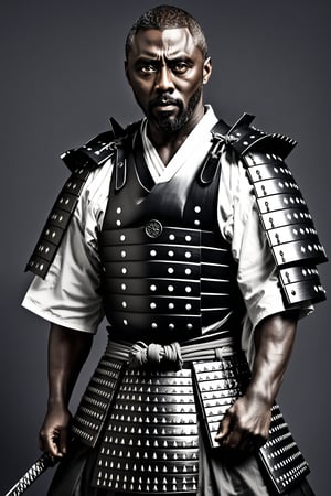 ((1man)),(Idris Elba),Real Photo, monochrome Photo,
, wearing samurai-style armor,mysterious narrow and captivating eyes, traditional Japanese armor reminiscent of a samurai, and a hakama.
Dark skin, open chest, beautiful collarbones,,warrior,samurai,emo,Realistic Blue Eyes,BBM