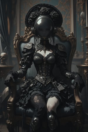 Gothic Lolita-styled space suit, seated in ornate chair. Opulent Victorian room with gothic motifs. Space suit redesigned with frilly black lace, bows, and corset-like details. Helmet shaped like oversized bonnet, adorned with roses. Through slightly tinted visor, faint glimpse of young woman's face with gothic makeup: pale skin, dark lips, dramatic eye shadow. Suit's chestplate resembles bodice, decorated with intricate patterns. Voluminous skirt over leg portion of suit. Gloves feature delicate lace cuffs. Room has dark velvet wallpaper, candelabras, and skull motifs. Antique furniture, heavy curtains. Moody lighting emphasizes suit's metallic and fabric textures. Surreal blend of sci-fi and gothic lolita aesthetics. Atmospheric, slightly eerie ambiance.,Gothic Themez