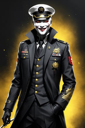 Fearsome and formidable enemy, unusually slender man,grim face,queer smile, a vampire man, crazy face, 35Yo,((eerily glowing golden eyes)), a deeply worn military cap, and dressed in the formal attire of the old Japanese army, he exudes an aura of authority,((black shroud)),His military uniform features a tailored jacket decorated with intricate details and traditional symbols, white gloves marked with a pentagram,pentagram,zavy-cbrpnk,Hiro Crazy Dimension