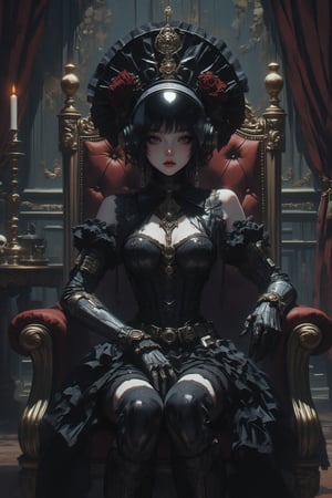 Gothic Lolita-styled space suit, seated in ornate chair. Opulent Victorian room with gothic motifs. Space suit redesigned with frilly black lace, bows, and corset-like details. Helmet shaped like oversized bonnet, adorned with roses. Through slightly tinted visor, faint glimpse of young woman's face with gothic makeup: pale skin, dark lips, dramatic eye shadow. Suit's chestplate resembles bodice, decorated with intricate patterns. Voluminous skirt over leg portion of suit. Gloves feature delicate lace cuffs. Room has dark velvet wallpaper, candelabras, and skull motifs. Antique furniture, heavy curtains. Moody lighting emphasizes suit's metallic and fabric textures. Surreal blend of sci-fi and gothic lolita aesthetics. Atmospheric, slightly eerie ambiance.,Gothic Themez