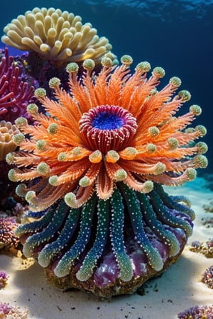 sea anemone made entirely of beautiful gemstones, Each tentacle glistens with an array of vibrant colors, crafted from sparkling sapphires, emeralds, rubies, and diamonds. The base of the anemone is a radiant, crystalline structure, with intricate patterns resembling coral reefs. Light dances off the facets of the jewels, creating a mesmerizing, almost ethereal glow. This gemstone sea anemone is a breathtaking fusion of natural marine beauty and exquisite craftsmanship, a dazzling underwater jewel.