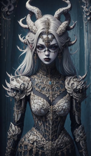 1girl,.albino demon little queen, (long intricate horns), a sister clad in gothic punk attire, face concealed behind a striking masquerade mask,themed,white_aesthetics,photorealistic,Masterpiece,Realistic,dark fantasy