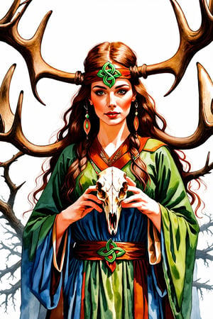 A shaman girl, with a large moose skull on her face, The strange decoration of dead branches, the mysterious and brightly colored Celtic shaman costume, and the girl is surrounded by a mysterious aura.,extremely detailed,watercolor \(medium\)