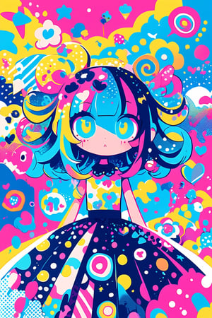 (children's doodle style),
Colorful pop art, candy pop, lollipop punk, brightly colored berry beans, emo pink lolita girl,big Eyes,A dress made of jelly and ice cream,
 maximalism designemo,dal-6 style,Color Splash