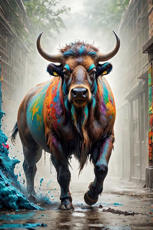 A majestic American bison, vibrant urban canvas inspired by street art. With muscular forelimbs, imagine a creature depicting the American buffalo in a dynamic and lively pose, creating the following impression: Optimize attractive compositions and create attractive, urban artwork. painted world, colorful splash, amazing quality, art station, ink, color splash, it exudes a sense of strength and resilience, embodying the untamed spirit of the wild.,ink,Animal Verse Ultrarealistic ,DonMD1g174l4sc3nc10nXL 