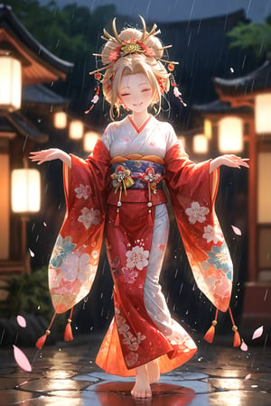 1girl,cute,Enchanting scene of an oiran dancing gracefully in warm, gentle rain. ,Elaborate kimono with vibrant floral patterns, partially translucent from rain. Long ornate hairpins swaying with movement. Serene smile on white-painted face, eyes closed in bliss. Barefoot on wet cobblestones, creating small splashes. Soft lantern light glowing through misty rain, casting a warm ambiance. Cherry blossom petals falling, mingling with raindrops. Background of traditional Japanese architecture, slightly blurred. Rain creating a shimmering effect on silk kimono. Oiran's dance pose elegant and joyful. Overall atmosphere romantic and dreamlike, merging tradition with ethereal beauty.",oiran,niji5