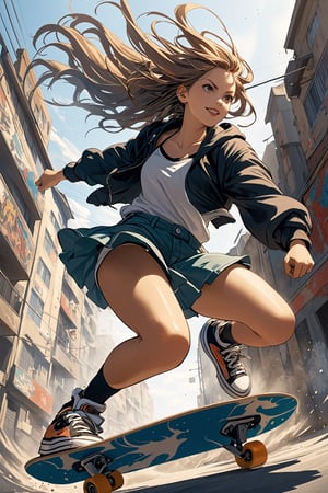 1Girl,(low angle shot:1.5),
The illustration depicts a spirited girl with a confident stance, her hair flowing behind her as she effortlessly maneuvers her skateboard. With determination in her eyes and a hint of a smile on her lips, she tackles the urban landscape with skill and grace. The low-angle perspective adds a sense of drama and dynamism to the scene,newhorrorfantasy_style,action shot