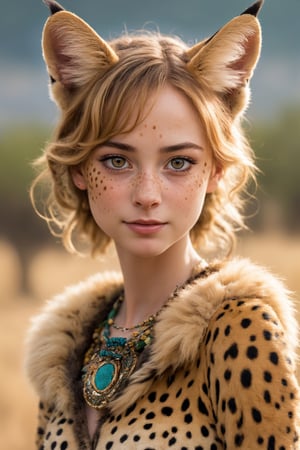  personified serval cat girl,freckles, embodying the grace, curiosity, and independence of her feline counterpart. With soft, spotted fur and expressive eyes, she captivates with her playful charm and alertness. Adorned in a whimsical ensemble inspired by the African savannah, she exudes a blend of wild beauty and human-like personality,catgirl