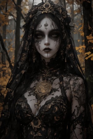 mystical portrait of a dark oracle priestess in an autumnal forest setting. She wears an elaborate black sheer veil and dress decorated with intricate gold embroidery patterns and celestial motifs. The fabric features delicate metallic thread work creating mysterious symbols and constellations. Her face shows dramatic gothic makeup with dark eyes and occult symbols painted around them. A large antique brass medallion pendant with mystical engravings hangs from her neck. The black gossamer fabric of her dress and veil flows ethereally, adorned with tiny crystals that catch the dim forest light. The background shows a misty autumn forest with golden leaves and dark tree trunks. She wears multiple layers of ornate jewelry with mystical symbolism, including moon phases and archaic runes. Face paint and temporary tattoos suggest ritual markings. The lighting is moody and atmospheric, with occasional gleams highlighting the golden embroidery against the black fabric. Fantasy photography style, perfect focus on intricate costume details, dark romantic atmosphere, mystical elements, professional lighting emphasizing the mysterious mood,Hyperrealism &Surrealism,Gothic,corpsepaint,1girl