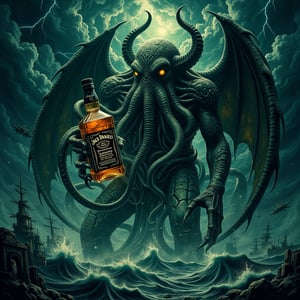 Cosmic horror meets modern spirits as mighty Cthulhu emerges from dark oceanic depths, clutching a Jack Daniel's bottle scaled to its massive tentacled form. The Great Old One's colossal body rises from churning waters, otherworldly green flesh glistening wet, dragon-like wings spread against storm-darkened sky. Multiple tentacles writhe from its octopus-like head while clawed hand grasps whiskey bottle like a ritual artifact. Bottle appears appropriately gigantic yet tiny against creature's scale, glowing with unnatural phosphorescence. Lightning illuminates Cthulhu's alien features, reflecting off bottle's glass surface. Sunken R'lyeh architecture visible beneath turbulent waters, ancient stones glowing with eldritch light. Ship wreckage and swirling whirlpools surround beast's emergence point. Madness-inducing geometries of ancient city contrast with bottle's familiar form. Eyes of unfathomable cosmic horror glow same amber as whiskey within bottle. Storm clouds twist in impossible patterns around entity's form while cultists' boats gather at safe distance. Tentacles coil around bottle's neck while others reach skyward, dripping seawater that freezes mid-air in violation of natural law,