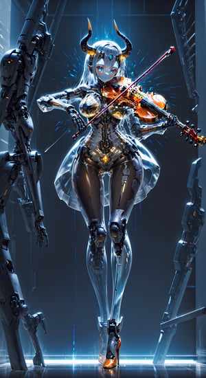 albino robot Girl, (long intricate horns:1.2),violin,Playing the violin, adorned with ((transparent body parts)), revealing the intricate machinery inside,smooth and angular design despite transparent parts, pulsating energy and intricate circuitry visible through transparent body parts,high heels,Elegant curvaceous beauty,robot, mechanical arms,Glass Elements,Clear Glass Skin,hubg_mecha_girl,skinbodysuit,Blue Backlight,cyborg,bodysuit,breast bags,Energy light particle mecha