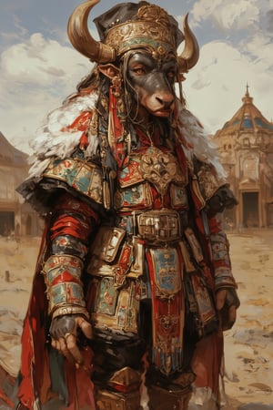 Majestic musk ox wearing vibrant Central Asian folk costume,Elaborate headdress with gold embroidery and dangling coins,Richly colored vest over flowing robe, intricate geometric patterns. Wide belt with large ornate buckle. Embroidered boots. Shaggy fur visible at neck and legs. Proud stance, front view. Backdrop of steppes, yurts in distance. Soft, warm lighting enhancing textile colors. Hyperrealistic fur and fabric textures. Surreal blend of animal and human culture, whimsical yet dignified.,furry