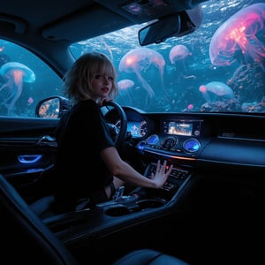 A stylish blonde woman, in driver's seat turning backwards with one hand on steering wheel, wearing dark casual top against black leather seat, sharp blonde bob cut with straight bangs, bold red lipstick, confident expression with slight smile, arm extended across passenger seat while turning, luxury car interior with cream colored ceiling and black leather upholstery, modern dashboard with blue instrument lights visible, outside windows reveal surreal deep ocean environment, large ethereal jellyfish with flowing tentacles emitting soft bioluminescent blue-purple glow, multiple smaller jellyfish pulsing with gentle pink and cyan light, streams of moonlight penetrating water surface creating dancing light patterns inside car, delicate air bubbles rising past windows, distant schools of silvery fish catching light, deeper ocean blues visible in background, water caustics creating ethereal light patterns across car interior and woman's face, luxury vehicle details like rearview mirror and air vents visible, professional automotive portrait style lighting merged with underwater atmosphere, ultra high-resolution capture showing interior luxury details and aquatic lighting effects, cinematic color grading emphasizing both car interior warmth and oceanic blues,,dal,UnderwaterElegance