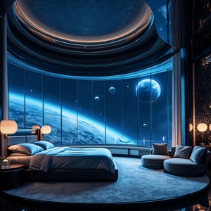 
"Opulent lunar hotel suite with sleek, futuristic design. Expansive floor-to-ceiling windows dominate one wall, offering breathtaking views of star-studded space and the luminous blue Earth suspended in the void. Plush, gravity-adjustable king-size bed with silky silver sheets and a hovering canopy.
Walls adorned with interactive holographic art displays showing cosmic phenomena. Floating orb lights mimicking celestial bodies illuminate the room. Luxurious bathroom features a zero-gravity shower enclosure and a levitating bathtub filled with oxygenated liquid.
Lounge area with low-gravity seating pods upholstered in shimmering fabric. Smart glass coffee table doubles as a 3D star map. Minibar stocked with exotic space-cultivated delicacies and cocktails in anti-gravity spheres.

Private airlock leads to a personal observation deck with telescopes and augmented reality stargazing equipment. Climate-controlled atmosphere replicates Earth's most perfect day.,FuturEvoLabRoom