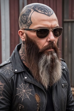 Ultra-realistic photo, Tim Armstrong,((real punk rock artist)), middle-aged man, 60 years old, (skin head:1.5), (spider web tattoo on head:1.4), Ray-Ban sunglasses, (very long beard), old worn leather jacket, black shirt, rebellious attitude, faded wooden guitar, beard,Extremely Realistic,Complete,perfect hand,FuturEvoLabTattoo,with a beard