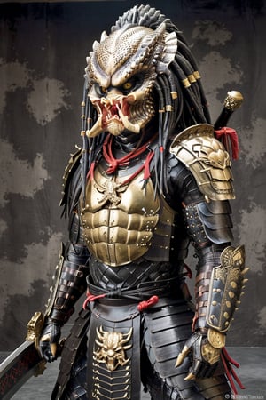 monochrome photography,
Predator alien, stands proudly in full samurai armor from Japan's Sengoku period. The armor (yoroi) is a masterpiece of black lacquered plates tied with vibrant red cords (odoshi). The kabuto helmet, adorned with a fearsome maedate crest, sits atop the Predator's dreadlocked head, its menpo face mask seamlessly blending with the alien's mandibles. The do-maru cuirass is emblazoned with a mon (family crest) featuring the Predator's iconic targeting reticle. Sode shoulder guards and kote gauntlets protect its arms, while kusazuri skirt armor and suneate shin guards complete the ensemble. In one clawed hand, it grips a katana with an ornate tsuba guard; in the other, it holds its high-tech shuriken.,Predator1024,古い日本の田園風景