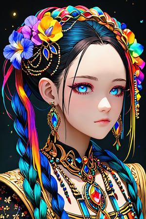 ultra Realistic,1 Girl,Beautiful Blue eyes,Detailed and beautiful iris,
 with crazy alternate hairstyle, amazingly intricately (dreadlocks:1.5
),colorful color hair, each braid painstakingly created,decorated with delicate accessories and beads, hair dark gold and black in color,aesthetic,Rainbow haired girl ,FlowerStyle,Score_9