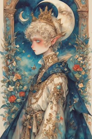 fairy tale illustrations,Simple minimum art, 
myths of another world,Crescent Moon,moon on face,
pagan style graffiti art, aesthetic, sepia,
Beautiful boy,A young prince from a fairytale, with golden curls and bright blue eyes. He wears a white and gold ornate uniform with a red cape. A delicate crown rests on his head. The prince stands in a sunlit castle garden, surrounded by blooming flowers and butterflies. His expression is kind and curious."
watercolor \(medium\),jewel pet,acidzlime,emo,XUER poster art