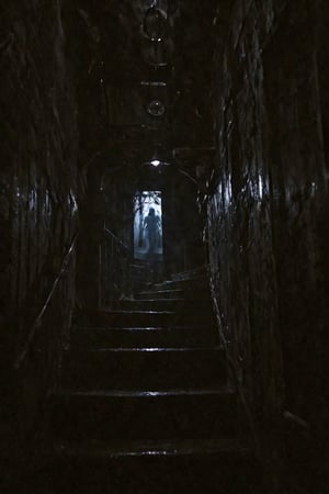 Blurry photo, accidental photofound footage, creepy footage, darkness, stairs, metal stairs, dark spiral staircase,oddities human face, oddities,pov,Infrared_photography,dark,glow Eyes,(Creepy Face),Banish