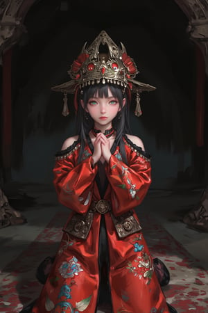 
 anime-style illustration,(Little girl), dressed as a Central Asian priestess,colorful Clothes, combining elements of an oracle and a Taoist sorceress. She wears a traditional Central Asian priestly robe adorned with intricate symbols and embroidery, while a Taoist-style hat rests on her head. Her expression is serene yet mystical, as she appears deep in thought or perhaps casting a fortune. The scene is set within a dimly lit cave, where the shadows dance across the walls, hinting at a deeper, ancient magic hidden within the cavern,Sitting on the ground, praying scene,dal style,Made in abyss manga,Adrr-tsfft,Midjourney_Whisper