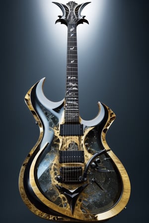 An electric guitar whose head part resembles the Scythe,DonM5cy7h3XL,glass shiny style