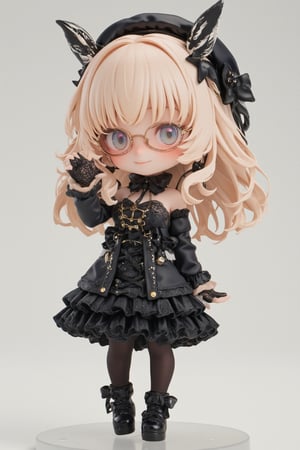 (Cute anime-style chibi figurine),3d figure,Nendoroid,
Create a highly detailed figure, a cute girl,cute smile,
she wears large glasses that protrude from her face,
Her outfit is Gothic Lolita style, featuring a black lace-trimmed dress with black ribbons and frills. She wears thigh-high stockings, black lace gloves, and platform shoes with ribbons,hair is styled in loose curls and adorned with a Gothic headdress,lyh,dal,create figure 2,Japanese pattern