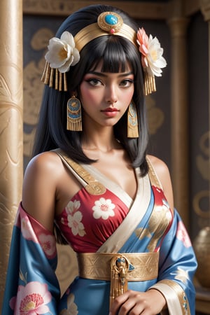 Art nouveau style art,Realistic anime,
melanism Cleopatra,Ancient Egyptian Princess,attire of a OIRAN, Bangs straight bobbed,(dark skin),
creatively blending Egyptian elements with a geisha-inspired look, Envision Cleopatra donning a floral and elegant robe reminiscent kimono, adorned with Egyptian motifs and accessories, Picture the harmonious fusion of Cleopatra's regal charm with the graceful allure of a flower courtesan, creating a unique and captivating representation,Ensure a visually striking image that seamlessly combines the essence of Cleopatra with the artistry of a traditional Japanese OIRAN girl,Extremely Realistic,r0b0cap,miyo,girl,EgyptPunkAI,niji5,Vitiligo,Old