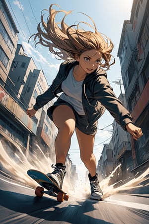 1Girl,(low angle shot:1.5),
The illustration depicts a spirited girl with a confident stance, her hair flowing behind her as she effortlessly maneuvers her skateboard. With determination in her eyes and a hint of a smile on her lips, she tackles the urban landscape with skill and grace. The low-angle perspective adds a sense of drama and dynamism to the scene,newhorrorfantasy_style,action shot