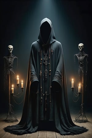 Traditional Slavic embroidery, mannequin dressed in weathered cloak, ((face hidden in shadow:1.8)), face almost invisible behind robe,Pagan Sherman, only long beard visible, symbol of paganism, disastrous dark rituals,Hollow,Candelabra, candles, magic circle,Altar of Paganism,
black wire mannequins