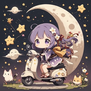 (chibi),fairy tale illustrations,Perfect sky, moon and shooting stars,moon on face, pagan style graffiti art, Kimono girl riding a scooter, hippy van, veichle focus, motor vehicle, Flower,(☆ // purple gradient background),)Star mark hanging on a string:1.2),
 BREAK
 top quality, sharp detail, oversaturated, detailed and complex, original work, trendy, vintage, award winning, artint,artint,starry sky,Anime girl,astronaut_flowers,seseeeh