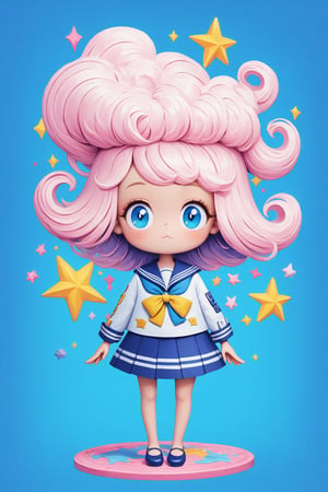 A kitschy and pop-style anime illustration,featuring an extremely deformed,1Girl, glamorous girl in a sailor uniform. The girl has exaggerated, large eyes sparkling with excitement and an over-the-top, cheerful expression. Her sailor uniform is brightly colored with bold, contrasting hues and glittering accents. She has voluminous, flowing hair adorned with cute accessories like bows and stars. The background is vibrant and busy,gloriaexe,txznf